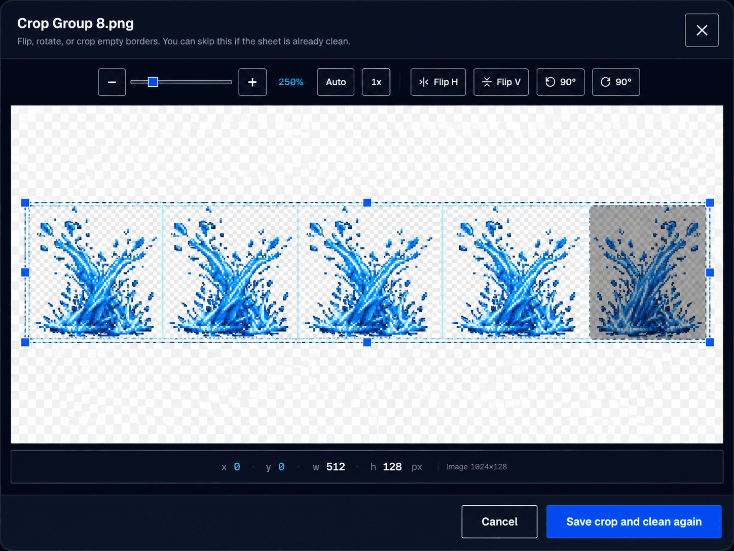 SpriteFix crop tool: zoom, flip, rotate, and crop box on a sprite strip